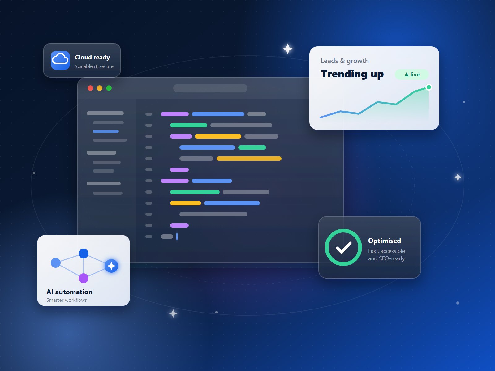 Illustration of a code editor surrounded by cloud, AI automation and growth dashboards
